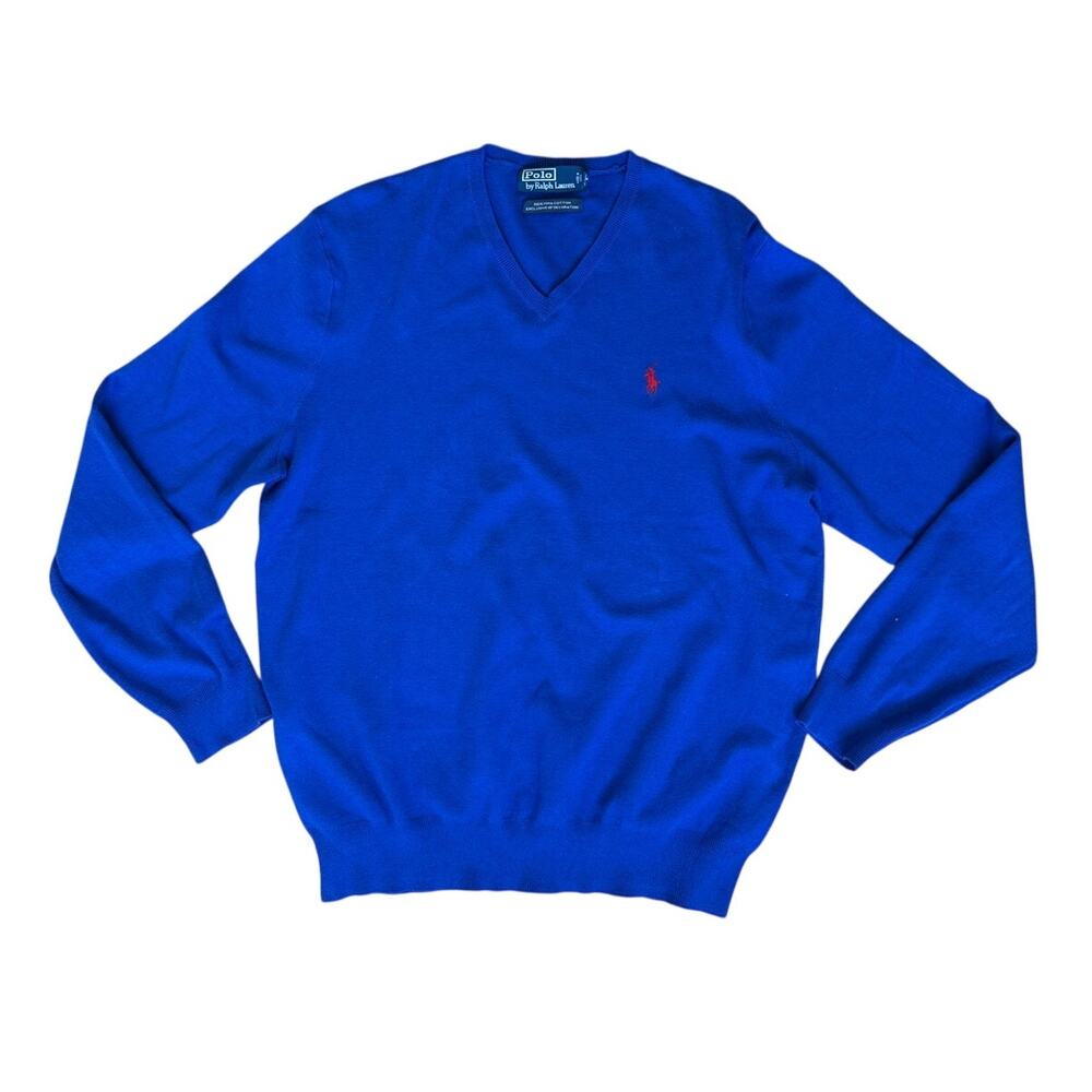 Polo by Ralph Lauren V-Neck Sweater Blue with Red Pony Pima Cotton Size Large